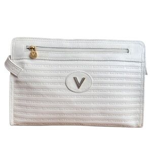 Valentino White Monogram Leather Clutch Bag w Collapsable Handle